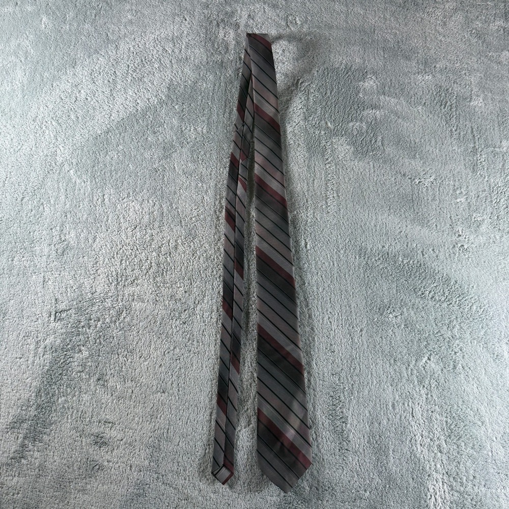 Vintage Michael's Mens Striped Necktie Grey Burgundy Black Made in USA Polyester